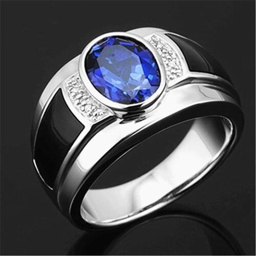 Fashion sapphire gemstones blue crystal black agate zircon diamonds rings for men white gold silver color jewelry party bague