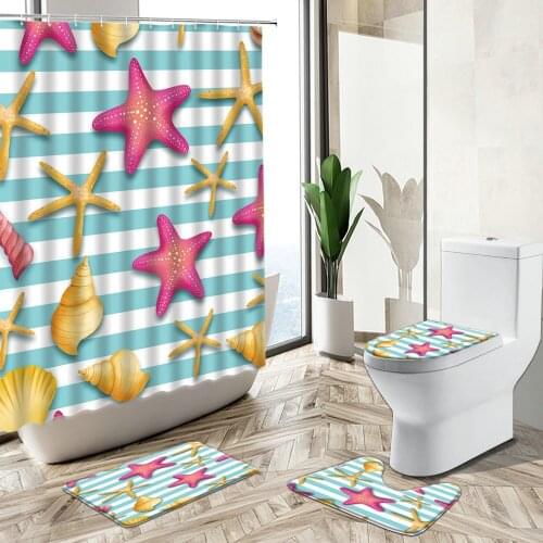 Cartoon Starfish Shell Conch Child Bathroom Shower Curtain Set Fun Striped Ocean Theme Non-Slip Rug Toilet Lid Cover Bath Mat
