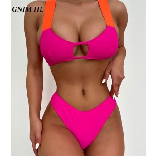 GNIM Sexy Hollow Out Bandeau Bikini Swimwear Women 2021 Summer Bandage Beachwear 2 Pieces Set Solid Swimsuit Female Biquini New