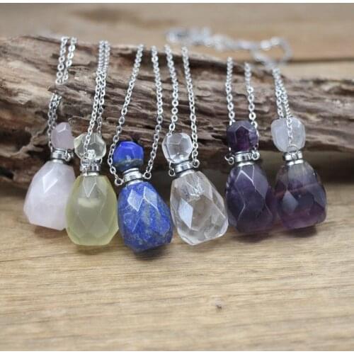 Silvery Necklace Faceted Fluorite Perfume Bottle Pendant Fashion Women Stone Gem Essential Oil Vial Charms Chains Jewelry QC1092
