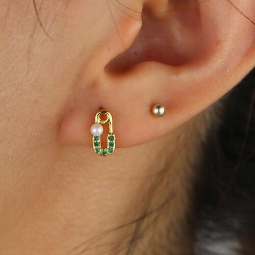 Fresh sea pearl for girl women gift colorful cz paved delicate minimal ear stud Mini safety pin stud earring