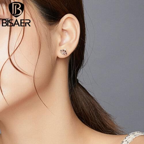 BISAER Simple Crown Earrings Real 925 Sterling Silver Queen Shining Zircon Earrings For Women Wedding Jewelry ECE934