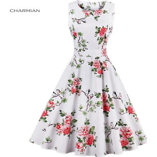Charmian Womens Vintage Retro Dress Foral Print Rockabilly Christmas Dress Hepburn Casual Party Swing Dress Vestidos