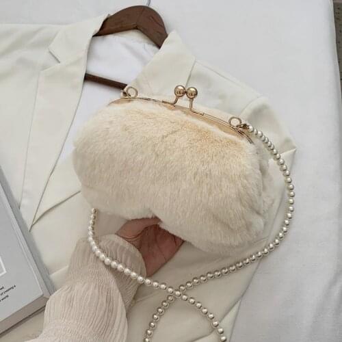 Winter Fashion Small Plush Bag Soft Faux Fur Purse Elegant Clutch with Kiss Lock Pearls Strap Crossbody Messenger Bag