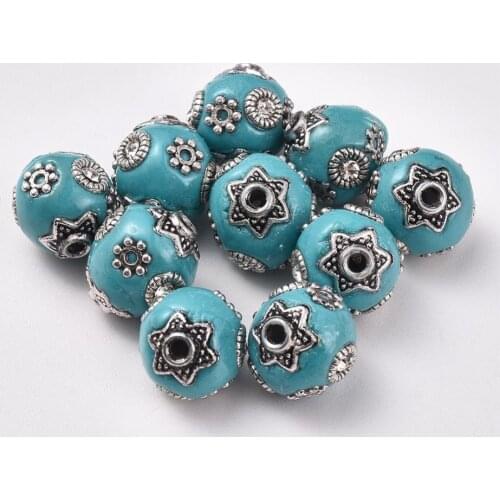 10pcs Antique Silver Color Handmade Indonesia Round Beads 11mm for jewelry making Accessories,With Crystal Rhinestones