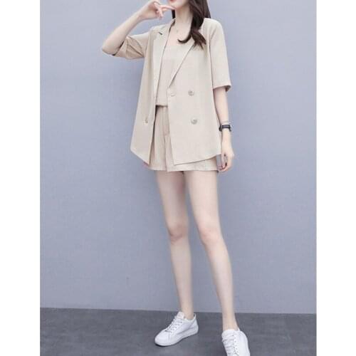 5XL Plus Size 2021 Summer Three Piece Sets Solid Crop Top Tank+Short Sleeve Double Brreasted Thin Blazer Coat+Shorts Suits