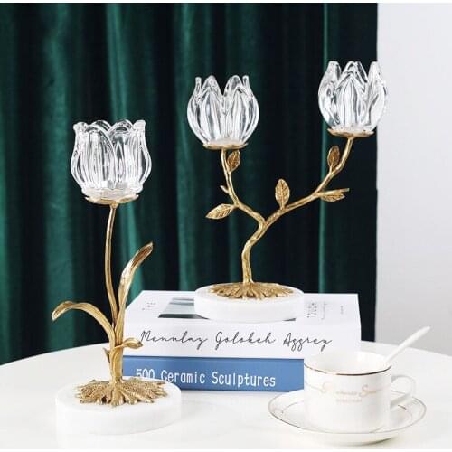 Home Decoration Accessories Brass Marble Tulip Candlestick Crystal Glass Room Wedding Table Centerpieces Candle Holder Gifts