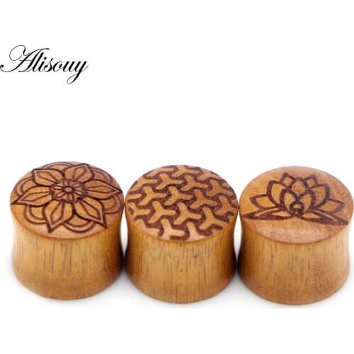 Alisouy 2pcs Flower Design Yellow Sandalwood Earrings Piercing Plugs Wooden Ear Expanders Stretchers Fashion Flesh Gift 8-30mm