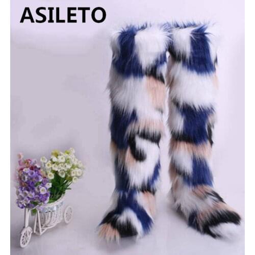 ASILETO Winter Over the knee Women Snow Boots Genuine Real hairy Ostrich Feather furry Fur flats plush warm ski Outdoor botte