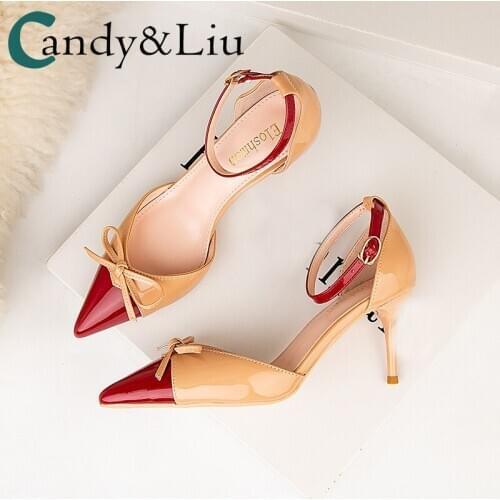 Korean Bow Fashion High Heels Shallow Patent Leather Color Matching Pointed Hollow Hollow A- line Sandals