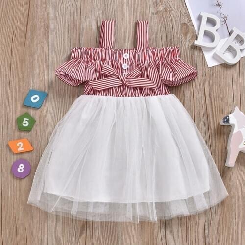 Kid Girls Dress stripe Suspenders Shouderless Stitching Mesh Dress Summer Butterfly Knot Child Girl Clothes