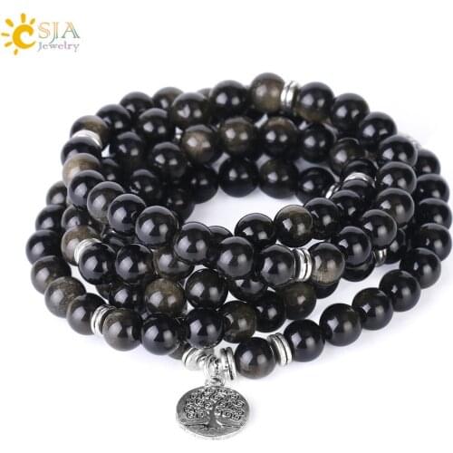 CSJA Long Beaded Bracelet Natural Semi Precious Stone Gold Obsidian Gem Strand Bracelets Jewelry Tree of Life Charm Pendant F266