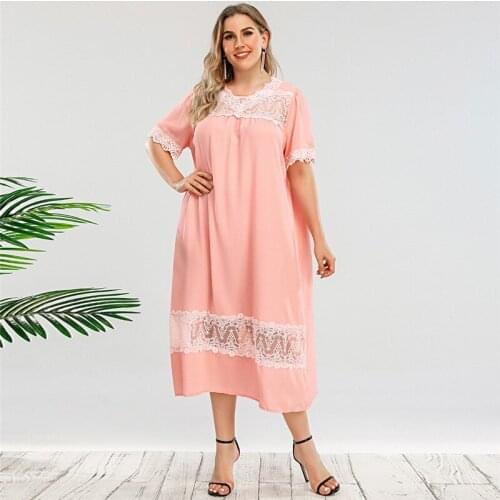 DOIB Women Pink Sleepwear Dress Plus Size Lace Patchwork Loose Casual Sleepwear Dress 2021 Summer Pajamas Dress 4XL