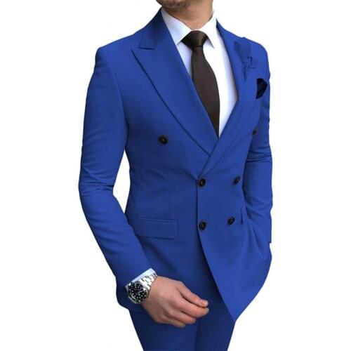 Double Breasted Men Suits Royal Blue Groom Tuxedos Peak Lapel Groomsmen 2 Pieces Wedding Best Man ( Jacket+Pants+Tie ) C967
