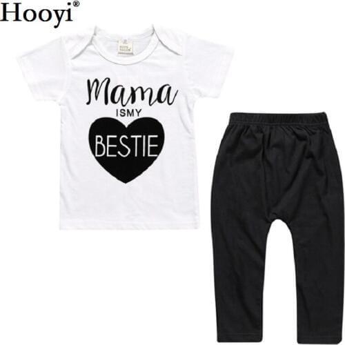 Hooyi Baby Girls Clothes Set Toddler White T-Shirt Black Pant Suit Mama Is My Bestie Newborn Outfit 100% Cotton Boy Clothing Top