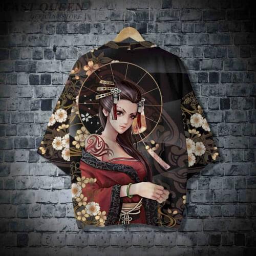 Japanese Cosplay Kimonos 2019 Streetwear Haori Male Yukata Geisha Beauty Printing Shirt Asian Clothes Kimono Cardigan Men FF2184