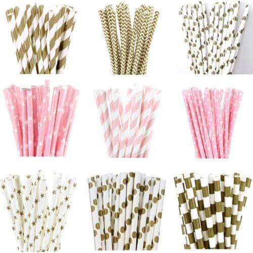 25pcs Metallic Gold Light Pink Paper Straws For Birthday Wedding Decorative Party Event Drinking Straws Supplies