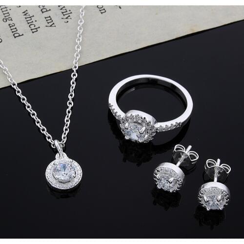 Fashion Silver color jewelry sets zircon necklaces rings and earrings for women romantic Valentines Day gift top quality