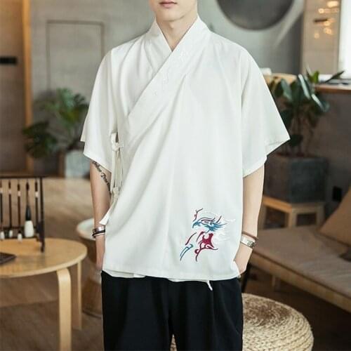 Chinese Style Men Shirt Solid Color Retro Hanfu Men Short Sleeve Elegant 2021 Vintage Stand Collar Mens Shirts Tang Suit 30268