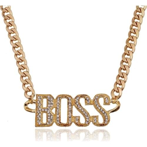 Punk Rhinestone Crystal Boss Pendant Necklace Long Chain Letter Alphabet Necklaces Choker for Men Jewelry Fashion