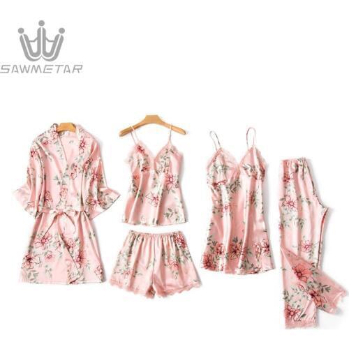 Women 5 Pieces Sexy Satin Sleepwear Silk Pajamas Sets Lace Woman Robe Floral Sleeveless Spaghetti Strap Pyjama With Chest Pads