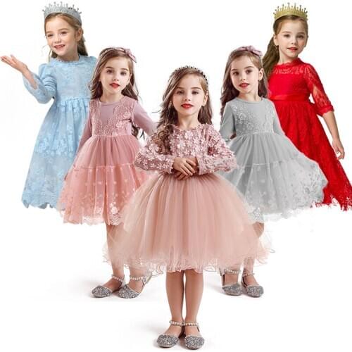 Appliques Flower Long Sleeve Girls Dress Autumn Winter Kids Dresses for Girls Tutu Ball Gown Children Clothing Size 3-8 Years