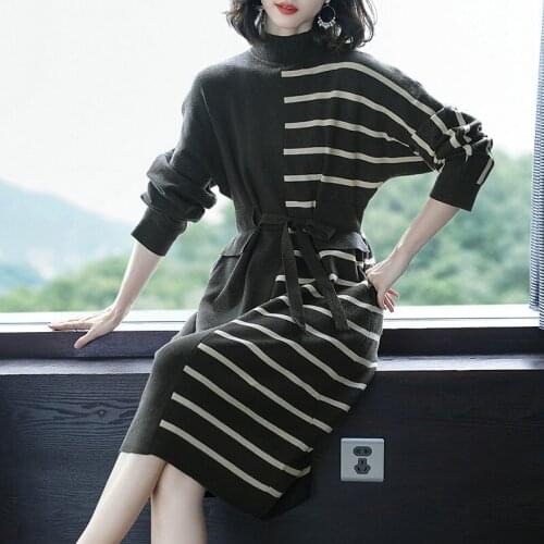New Arrival Ladies Fashion Striped Sweater Dress Pullovers Spring Autumn Elegant Lady Sweater Dress