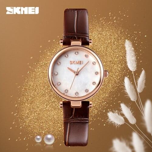 SKMEI Quartz Women Watches with Diamond Fashion Casual Quartz Analog Clock Vintage Leather Ladies Wristwatches Relogio Feminino
