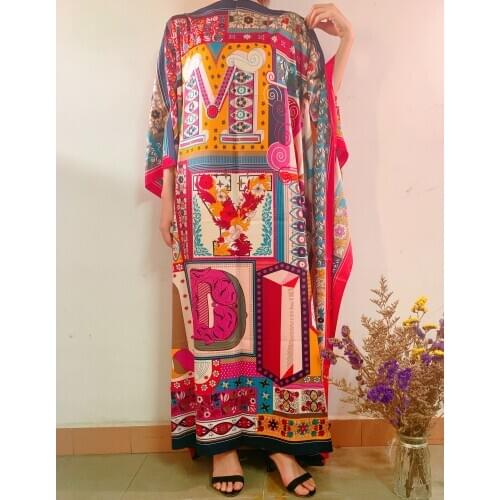 Beautiful Printed Loose Summer Holiday Silk kaftan Maxi dress Dashiki moroccan kaftan dubai muslim dress African dresses