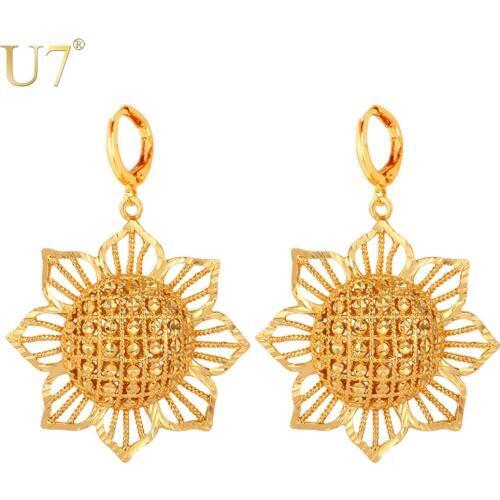 U7 Gold Color Sun Flower Earrings Indian Jewelry Wholesale Fashion Jewelry For Women Drop Earrings For Women E713