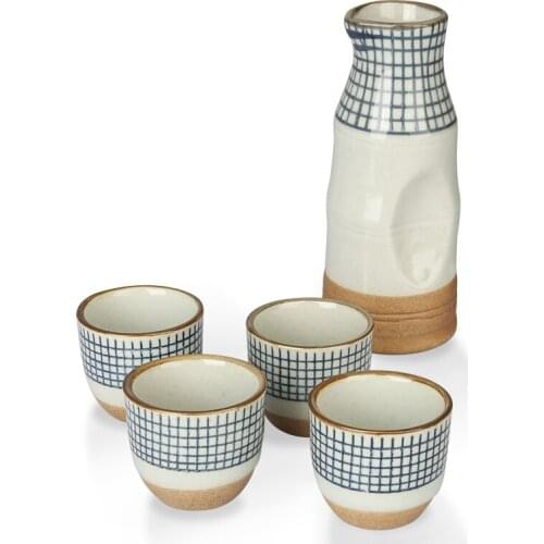 Vintage Porcelain Japanese Stoneware Sake Set Oracle Bones Traditonal Whiskey Flask Hand Painted Pottery Wine Cup