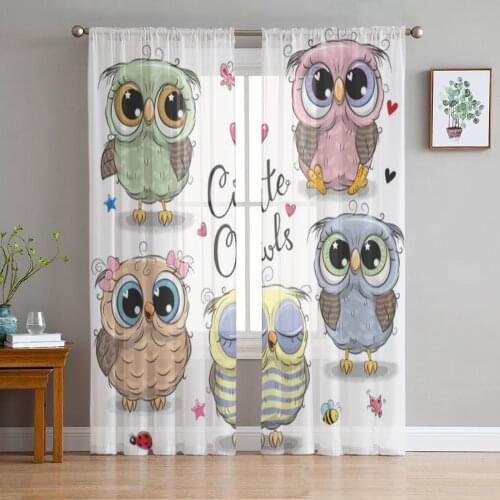 Cute Cartoon Owl Sheer Curtains for Living Room Child Bedroom Tulle Curtains Kitchen Window Treatments Panel Drapes