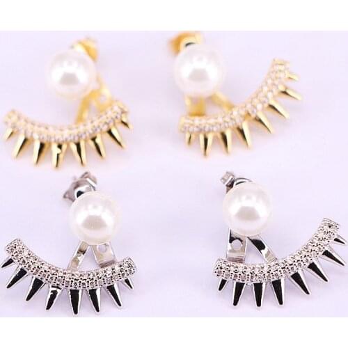 4Pairs Gold / Silver Color Zirconia Nature Pearl Stud Earring, CZ Micro Pave Studs For Women Party Engagement Wedding