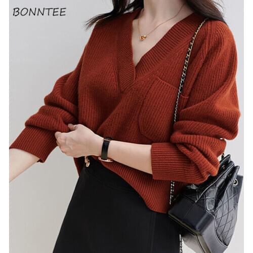 Sweaters Womens V-Neck Long Sleeve Solid Feminino Pullovers Elegant Stylish Knitting Casual All-match Loose Minimalist Ulzzang