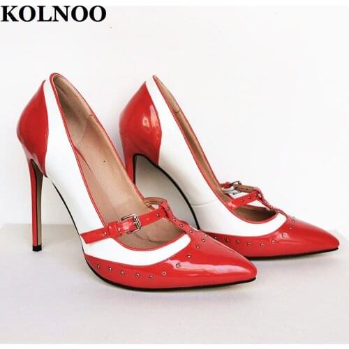 KOLNOO New Handmade Ladies High Heeled Pumps Whtie&Red Patchwork Leather T-Strap Sexy Wedding Party Evening Fashion Court Shoes