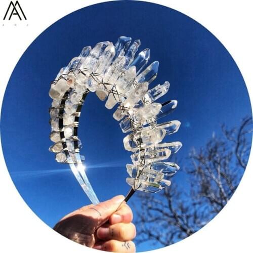 Silvery Wire Wrapped Smooth White Quartz Point Crown Tiara Headband Women Crystal Stainless Steel Hair Jewelry HG013AMCI