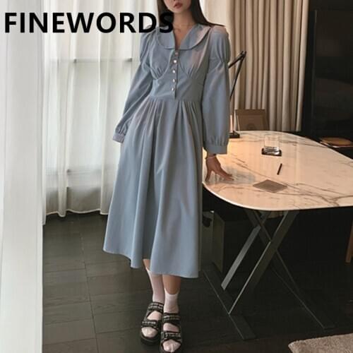 FINEWORDS Peter Pan Collar Elegant Hepburn Dress Korean Ladies Blue Dress Retro Classic Long Sleeve Spring Harajuku Casual Dress