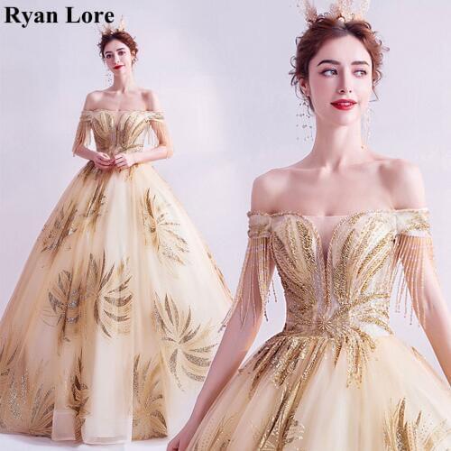 Gold Ball Gown Quinceanera Dresses 2020 Elegant Party Night Prom Gowns Women Off Shoulder Boat Neck Formal Long Robe De Soiree