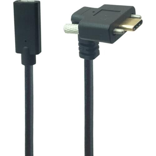 Gold USB 3.1 Male to USB-C Female Type-C 90 degree Extension Data Cable Extender Cord with Panel Mount Screw Hole 10Gb/s 0.3M