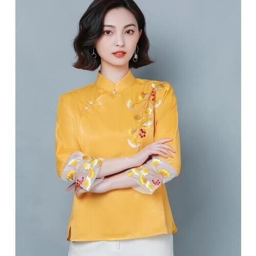 2021 Chinese Buckle Embroidery Improved Short Cheongsam Tops Chinese Floral Shirt Tang Suit 2020 Spring Ancient Quality Clothes