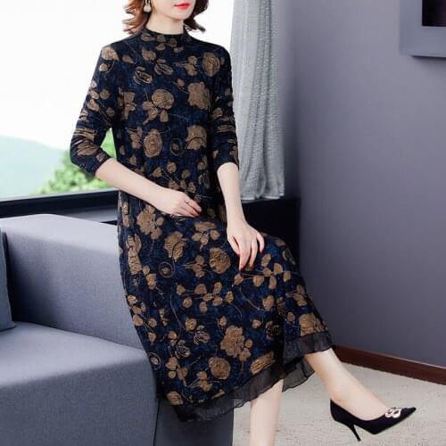 2021 Autumn Vintage Floral Knitting Sequins Dresses Winter Casual 4XL Plus Size Midi Dress Elegant Women Bodycon Party Vestidos