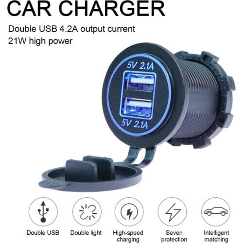Car Charger 5V 2.1A Quick Charger Motorcycle Dual Auto USB Charger Socket LED Display with Caps for Truck Boat Car Power Adapter