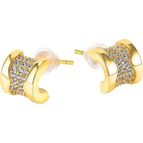 Cyue Fashion Women Stud Earrings Gold Pave AAA CZ C-shaped Geometry For Girlfriend Gift Jewelry