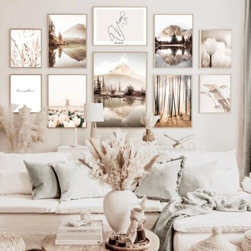 Home Decor Wall Art Canvas Painting Flower Grass Fog Lake Mountain Landscape Picture Beige Bohemia Poster and Print Living Room