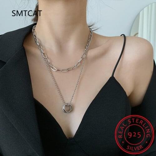 925 Sterling Silver Sweater Necklace New Fashion Round Circle Pendant Double-layered Clavicle Chain Party Jewelry Gifts