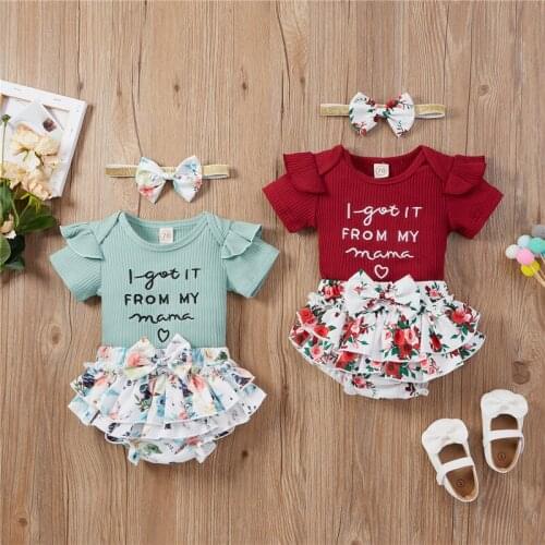3Pcs Baby Girls Outfits Summer Newborn Suit Short Sleeve Rib Knit Letter Romper + Floral Shorts + Headband Set Kids Clothing Set
