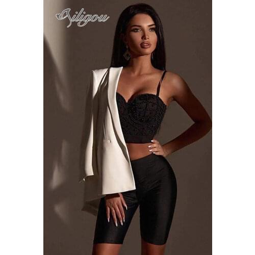 Ailigou 2021 New WomenS Top Quality Celebrity Two-Piece Suit Black White Rayon Bandage Pants Fashion Tights Set