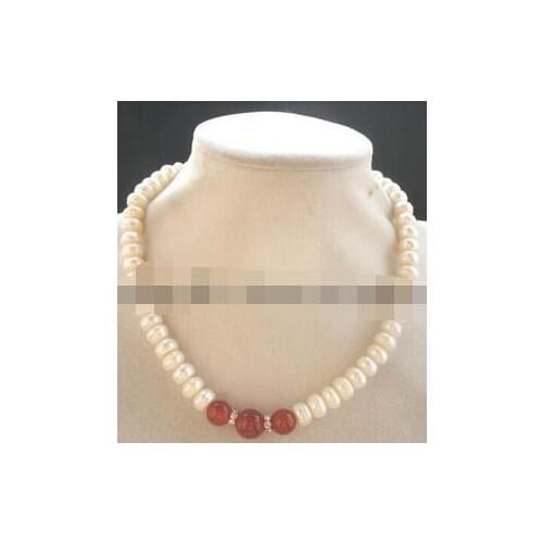 Pretty 7-8mm White Freshwater Pearl & 8mm Multicolor Jade Beads Necklacce 18