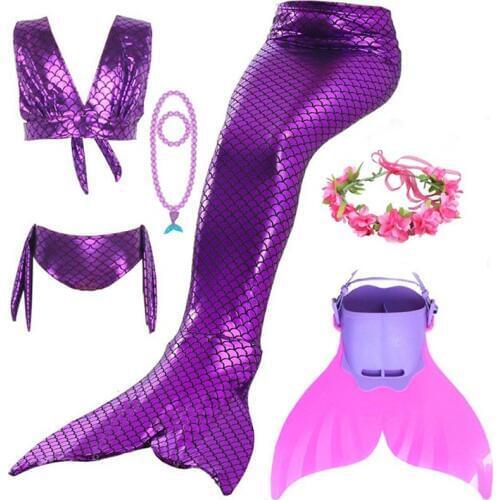 Summer Swimming Suit Children Mermaid Tails With Monofin Fins Bikinis Set Girls Swimsuit Purple Mermaid Cosplay Costume Clothes