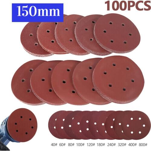100 Pcs 6In 150mm Round Sandpaper Set Six Hole Disk Sand Sheets Grit 40-800 Sanding Discs Hook Loop Sanding Paper Buffing Sheet